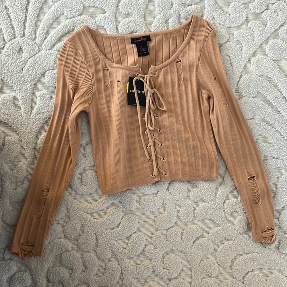 New with tags cropped tie up distressed sweater